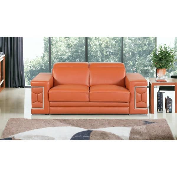 HomeRoots Charlie 71 in. W Camel Solid Leather Seats-2 Loveseats with Armrests