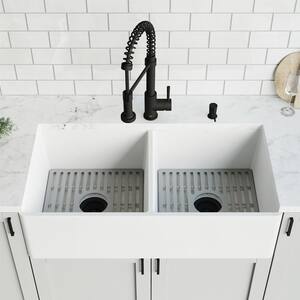 Matte Stone White Composite 36 in. Double Bowl Flat Farmhouse Kitchen Sink with Faucet in Matte Black and Accessories
