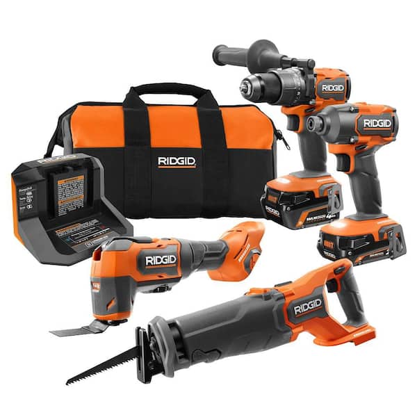 RIDGID 18V Brushless Cordless 4-Tool Combo Kit with (1) 4.0 Ah and (1) 2.0 Ah MAX Output Batteries, 18V Charger, and Tool Bag