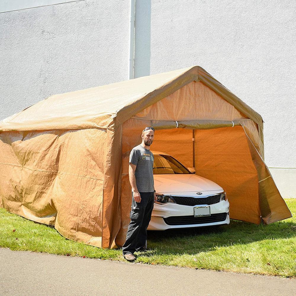 Beige 10' x 20' Metal Frame Carport Tent with Fabric Roof