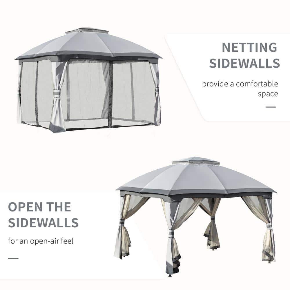 Gray Steel Outdoor Gazebo with Mesh Sidewalls and Vented Roof