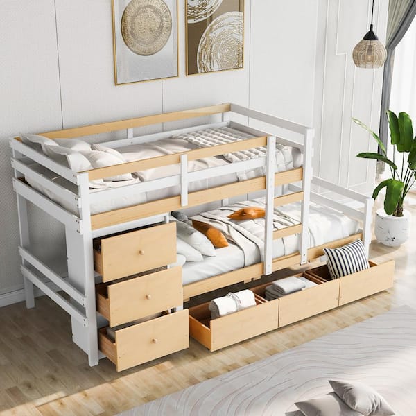 Harper & Bright Designs Natural Twin over Twin Wood Bunk Bed with 6- Drawer, Built-in Ladder and Full-Length Guardrails for Upper Bed