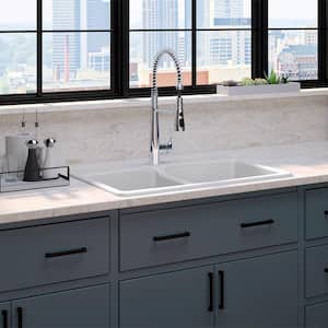 Brookfield Drop-In Cast Iron 33 in. Double Bowl Kitchen Sink with Simplice Semi Pro Faucet in Polished Chrome