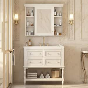 36 in. W x 18 in. D x 34 in. H Single Sink Freestanding Bath Vanity in Beige with White Resin Top and Mirror Cabinet