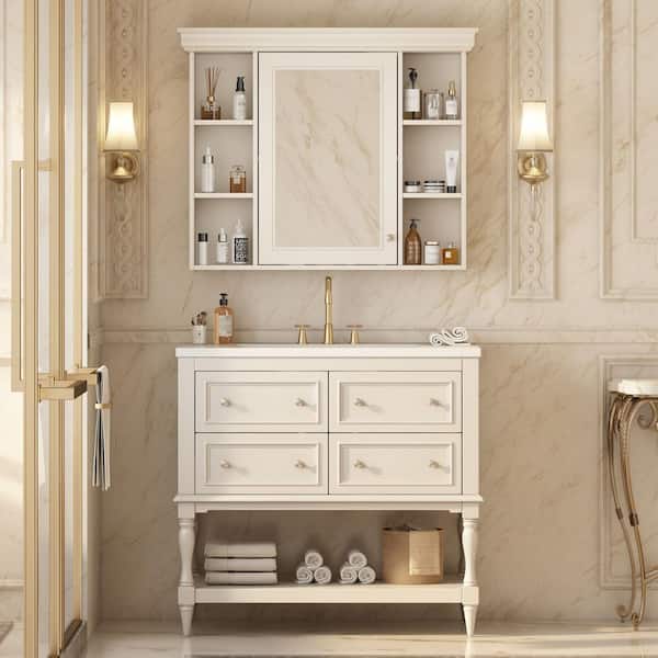 EPOWP 36 in. W x 18 in. D x 34 in. H Single Sink Freestanding Bath Vanity in Beige with White Resin Top and Mirror Cabinet