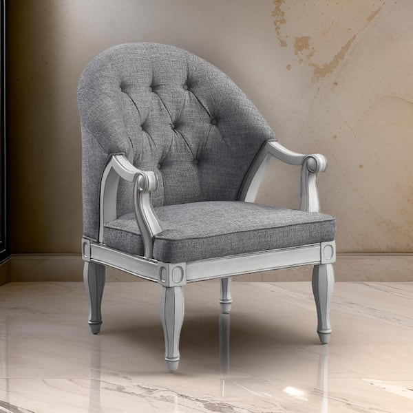 Benjara Gray and White Fabric Arm Chair with Tufted Backrest