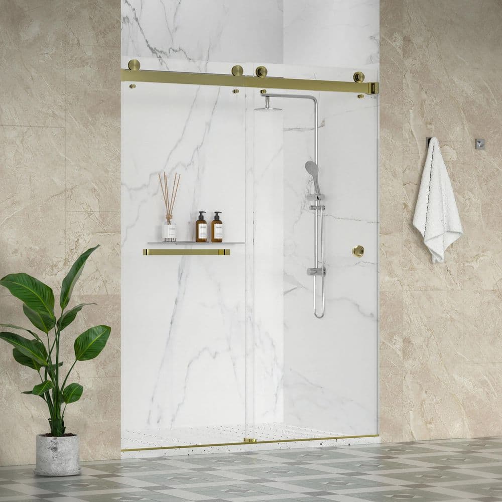 SolaFP 56-60 in. W x 76 in. H Double Sliding Frameless Shower Door in Brushed Bronze with 3/8 in. Clear Glass price history on PriceWatchPro