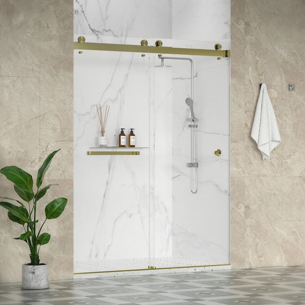 SolaFP 68-72 in. W x 79 in. H Double Sliding Frameless Shower Door in Brushed Bronze with 3/8 in. Clear Glass