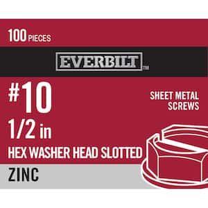 #10 x 1/2 in. Slotted Hex Head Zinc Plated Sheet Metal Screw (100-Pack)