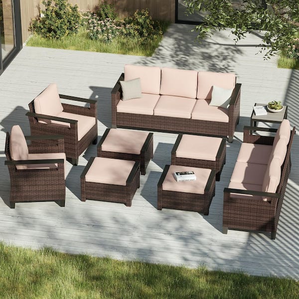 JOYESERY 9-Piece Patio Conversation Set with Side Table Wide Armrests Sofa with Ottoman Brown Wicker Sand Cushions