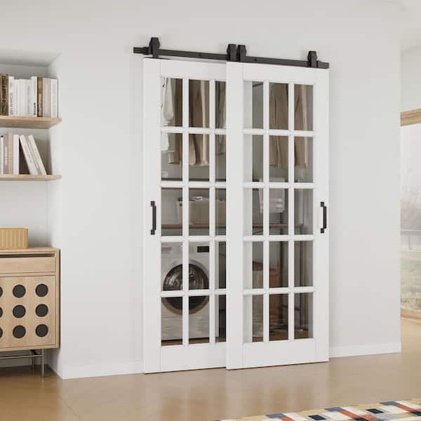 52 in. x 80 in. (Double 30 in.) 15-Lite Clear Glass White Primed MDF Sliding Barn Door with Hardware Kit Bypass