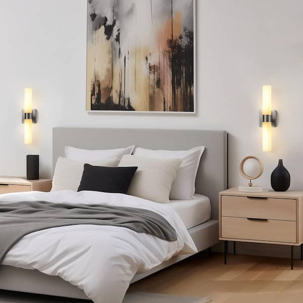 18 in. 2-Light Brushed Nickel and White Double Tube Wall Sconce Up and Down Lighting Fixture for Bathroom and Hallway