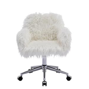 White Faux Fur Fluffy Task Chair Home Office Chair Makeup Vanity Chair for Girls Adjustable Height Swivel with Arms
