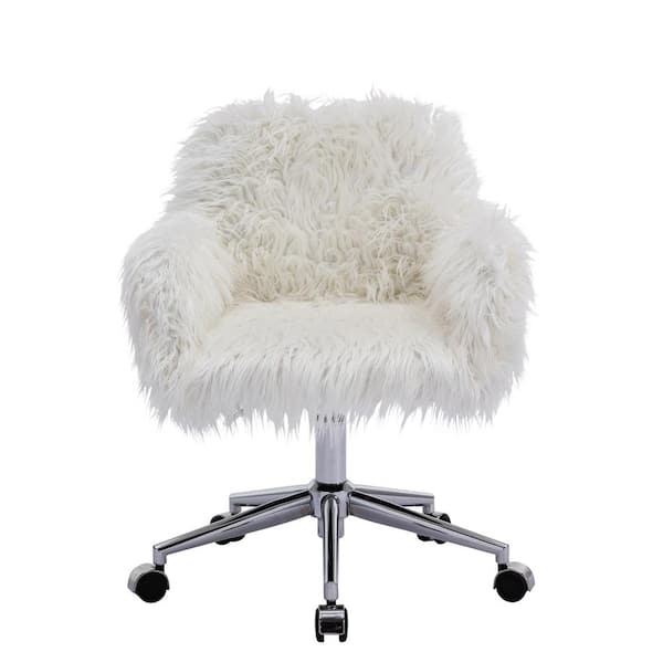 YOFE White Faux Fur Fluffy Task Chair Home Office Chair Makeup Vanity Chair for Girls Adjustable Height Swivel with Arms