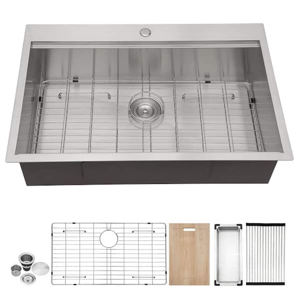 LORDEAR 18-Gauge Stainless Steel 30 in. Single Bowl Drop-In Workstation Kitchen Sink with Bottom Grid