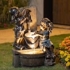 25.5 in. H Polyresin Boy and Girl Sculptural Outdoor Fountain with Pump and LED Lights
