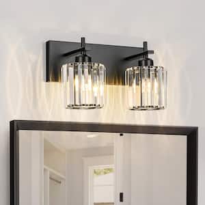 Orillia 12.6 in. 2-Light Black Bathroom Vanity Light with Crystal Shade Wall Sconce Over Mirror
