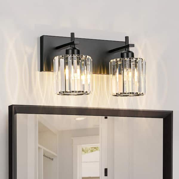 EDISLIVE Orillia 12.6 in. 2-Light Black Bathroom Vanity Light with Crystal Shade Wall Sconce Over Mirror
