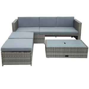 Gray 4-Piece PE Wicker Outdoor Sofa Set Sectional Furniture with Gray Fabric Cushions