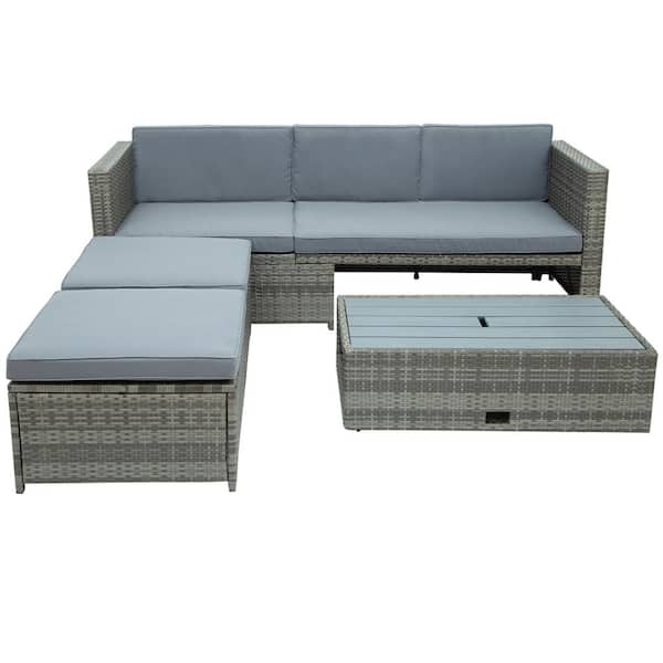 FORCLOVER 4-Piece Wicker Outdoor Sectional Sofa Set with Gray Cushions