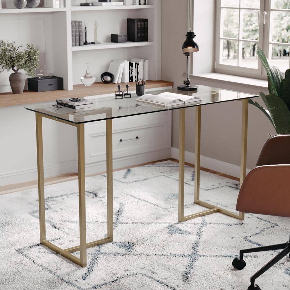 Clear Glass Top Desk with Polished Brass Frame for Home Office