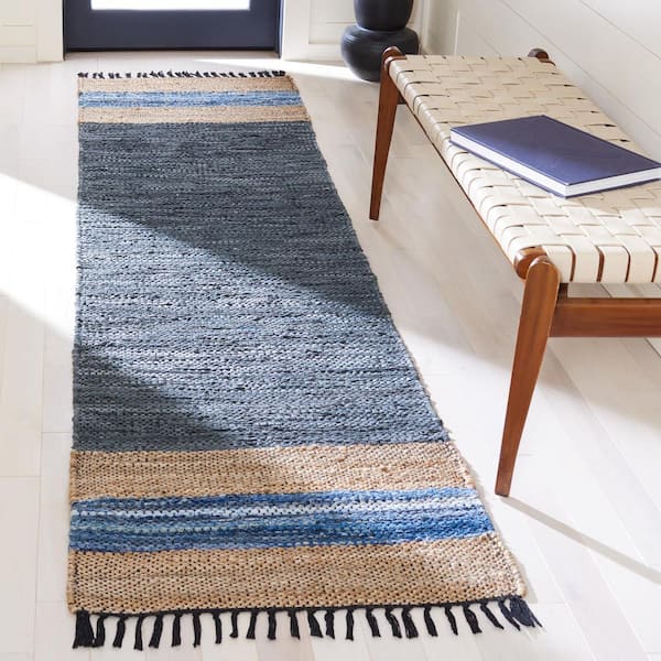Vintage Leather 2 ft. x 8 ft. Blue/Natural Border Solid Color Runner Rug