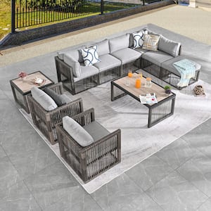 10-Piece Wicker Patio Conversation Sectional Seating Set with Gray Cushions