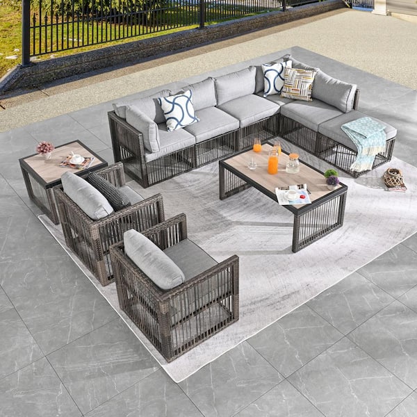 Patio Festival 10-Piece Wicker Patio Conversation Sectional Seating Set with Gray Cushions