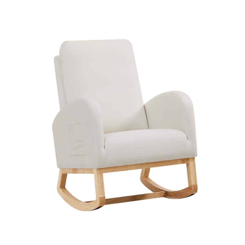 Beige Velvet Upholstered Rocking Chair for Nursery High Back Accent Glider Rocker Armchair with Side Pocket and Wood Leg