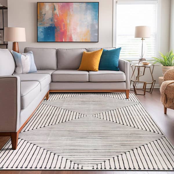 Bohemian Stripes Washable Non Slip Beige 5 ft. x 7 ft. Area Rug