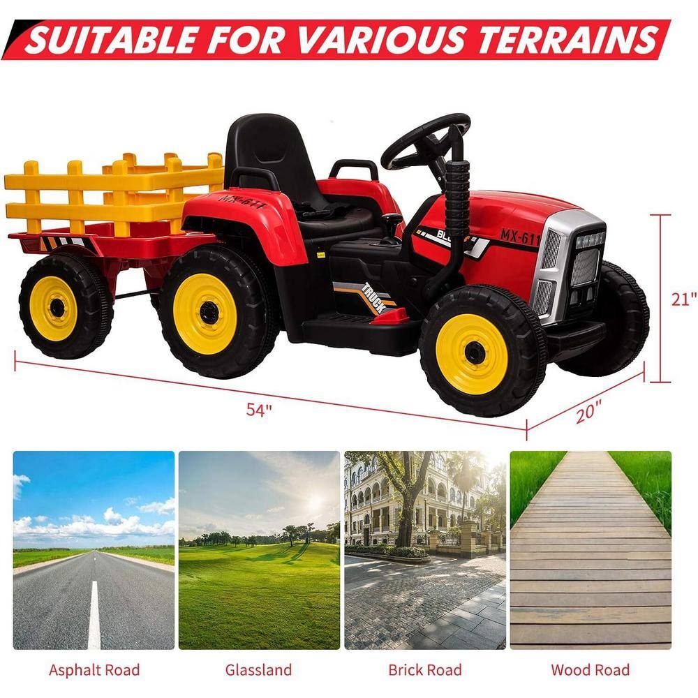 Red 12V Kids Ride-On Tractor with Trailer and Remote