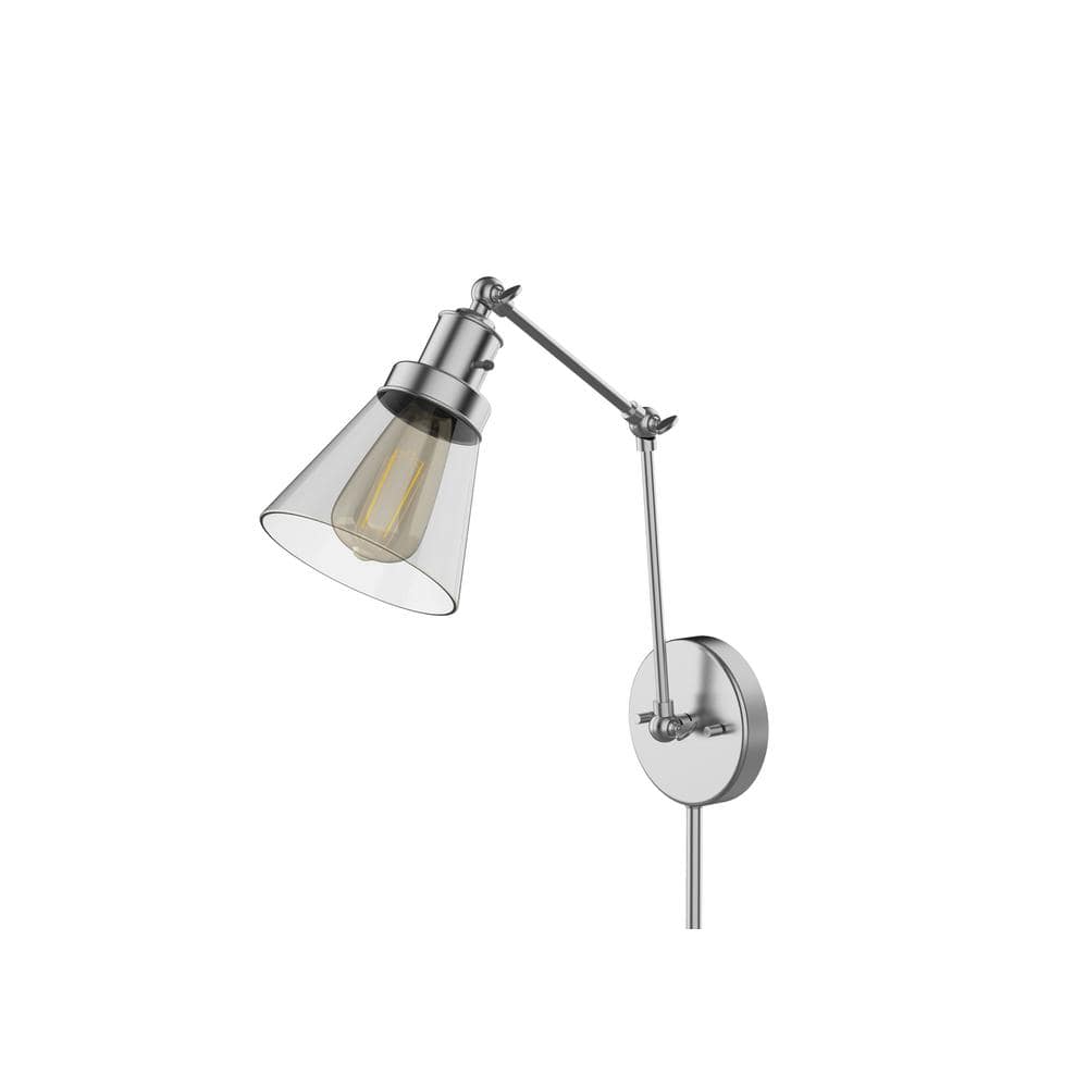 Hampton Bay 1-Light Brushed Nickel Plug-In/Hardwired Swing Arm Wall Lamp with 6 ft. Fabric Cord and Clear Glass Shade -  EW11475SBA-C