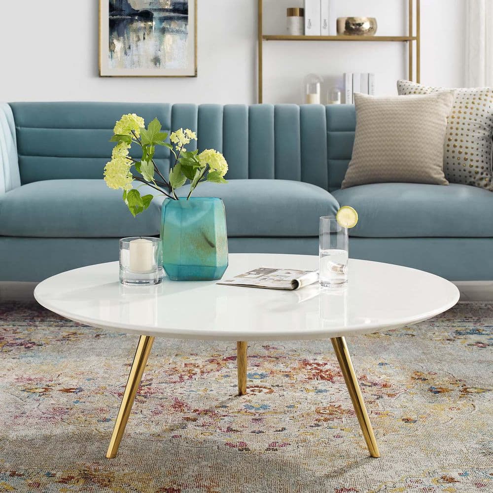 Lippa 40 in. White Round MDF Wood Coffee Table with Gold Tripod Base