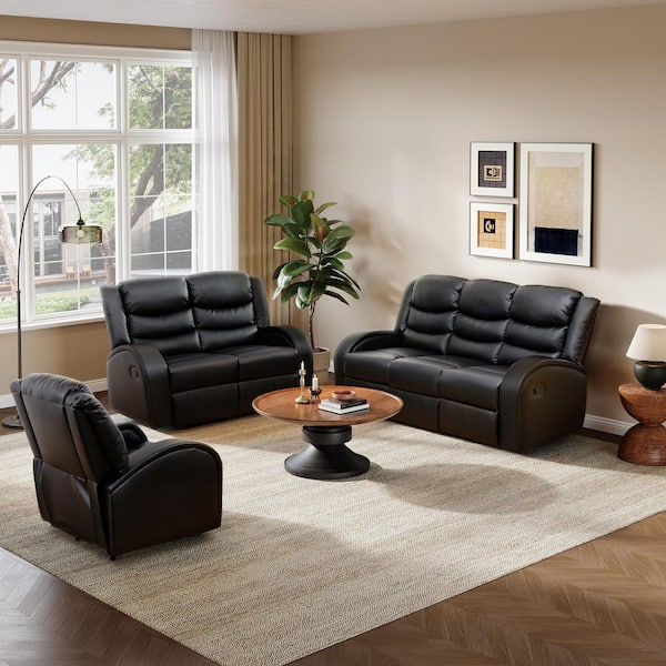 33 in. Black Faux Leather Standard (No Motion) Recliner Sofa Mid Century Modern Design Couch Living Room Reclining Sofa