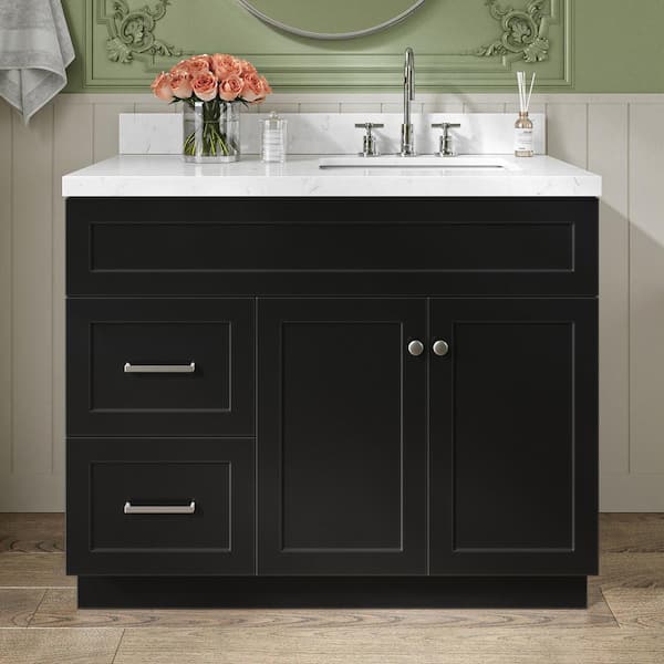 ARIEL Hamlet 42.25 in. W x 22 in. D x 36 in. H Single Sink Freestanding Bath Vanity in Black with Carrara Quartz Top