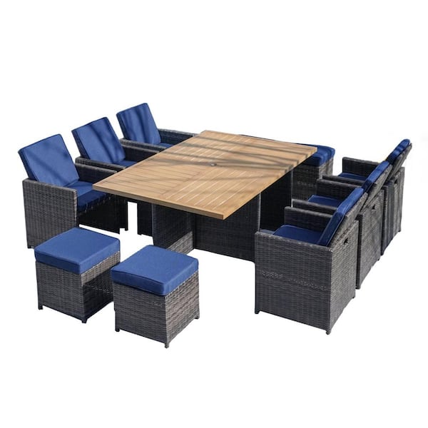 DIRECT WICKER Town Brown 11-Piece Wicker Rectangular Outdoor Dining Set with Dark Blue Cushion, Aluminum Table Top