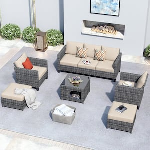 Moxie Gray 6-Piece Wicker Outdoor Patio Conversation Seating Set with Beige Cushions