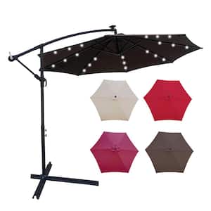 10 ft. Steel Outdoor Patio Cantilever Umbrella Solar Powered LED Patio Umbrella Shade with Crank in Chocolate