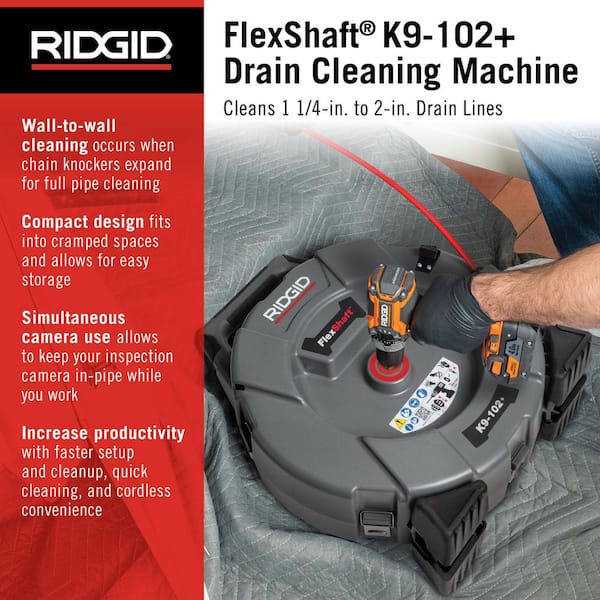 K9-102+ FlexShaft Wall-to-Wall Professional Drain Cleaning Machine 1/4 in. x 50ft. Designed for 1 1/4 in. - 2 in. Pipes