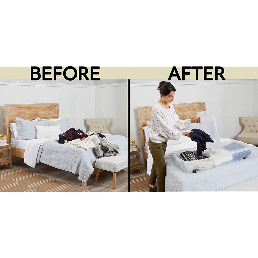 Clear Plastic Under-Bed Storage Boxes with Wheels, 68 qt, 2-Pack