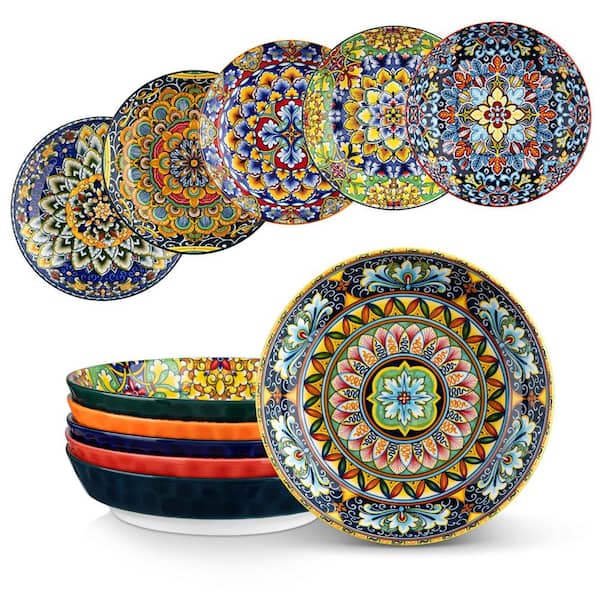 32 fl. oz. Multicolor Bohemian Ceramic Wide Shallow Pasta Salad Serving Dishwasher Safe Bowl (Set of 6)