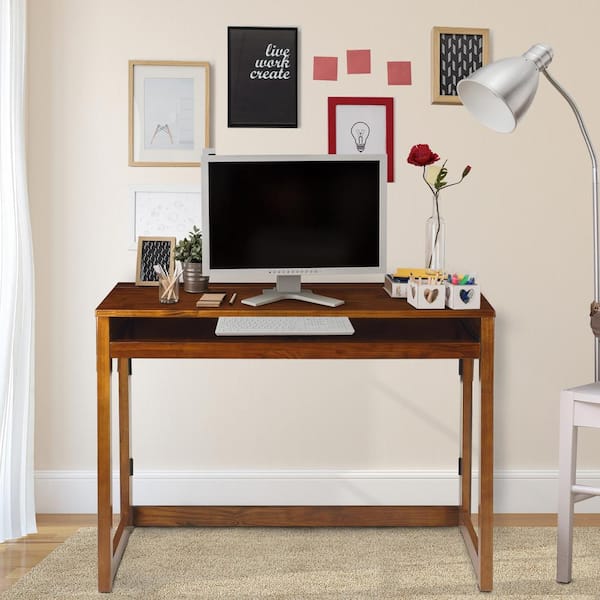 Warm Brown Folding Desk with Pull-Out and USB Port