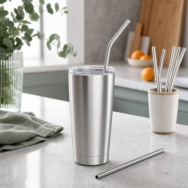 Numhew 16-Piece Stainless Steel Metal Straws, Silver, in Stainless Steel Drinking Straws