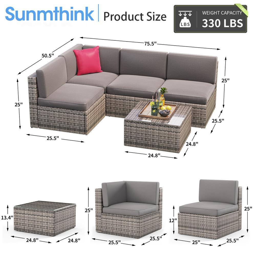 Gray 5-Piece PE Rattan Wicker Outdoor Sectional Set with Glass Table