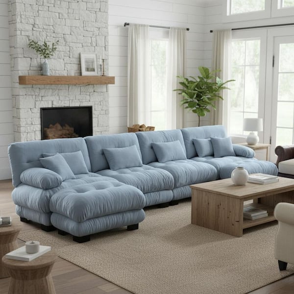MINH 173.2 in. Pillow Arm 6-Piece Chenille Sectional Sofa with 2 Movable Ottomans, Cloud Like Comfort in Ice Blue