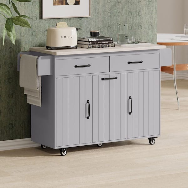 Ziyudura Rolling Gray Drop Leaf Wood Tabletop 51 in. Kitchen Island Cart with Tilt-out Trash Can, Adjustable Shelf, 5 Wheels