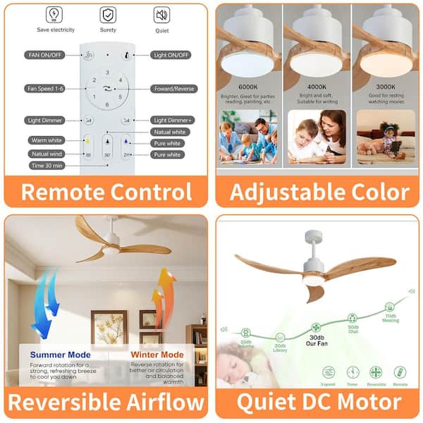 52 in. White Propeller Fan with Light, Solid Natural Wood Blades, 3-Color Dimmable LED, 3-Downrods