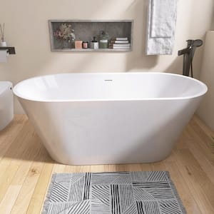 51 in. x 27 in. Oval Acrylic Free Standing Flatbottom Bathtub in White with Overflow and Drain