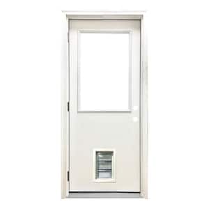 30 in. x 80 in. Reliant Series Clear Half Lite RHOS White Primed Fiberglass Prehung Back Door with Med Pet Door