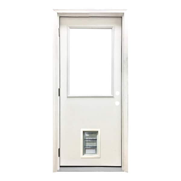 Steves & Sons 30 in. x 80 in. Reliant Series Clear Half Lite RHOS White Primed Fiberglass Prehung Back Door with Med Pet Door